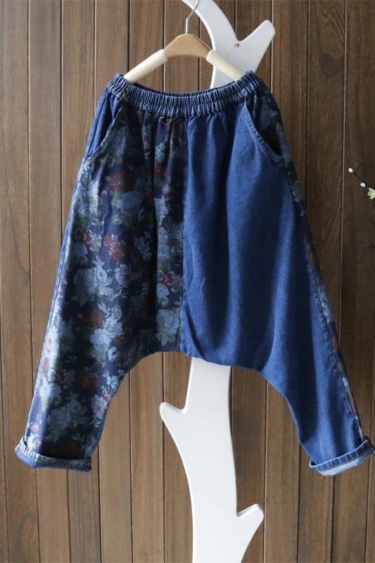 

Women Spring Patchwork Denim Pants Jeans Female Spliced Printed Elastic Waist Harem Trousers Denim Trousers Female 2020 Jeans