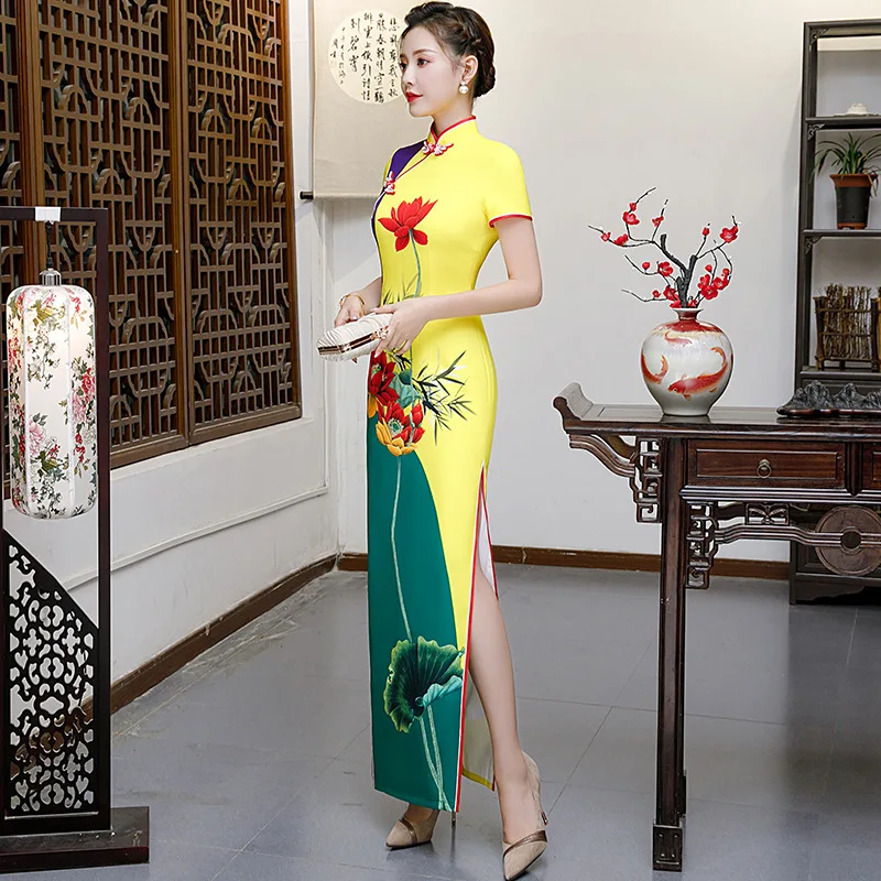 Китайское традиционное женское платье с цветочным принтом размера плюс 3XL 4XL 5XL