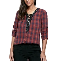 women long sleeve tops wine red plaid printed pattern plunging neckline blouse m l xl xxl