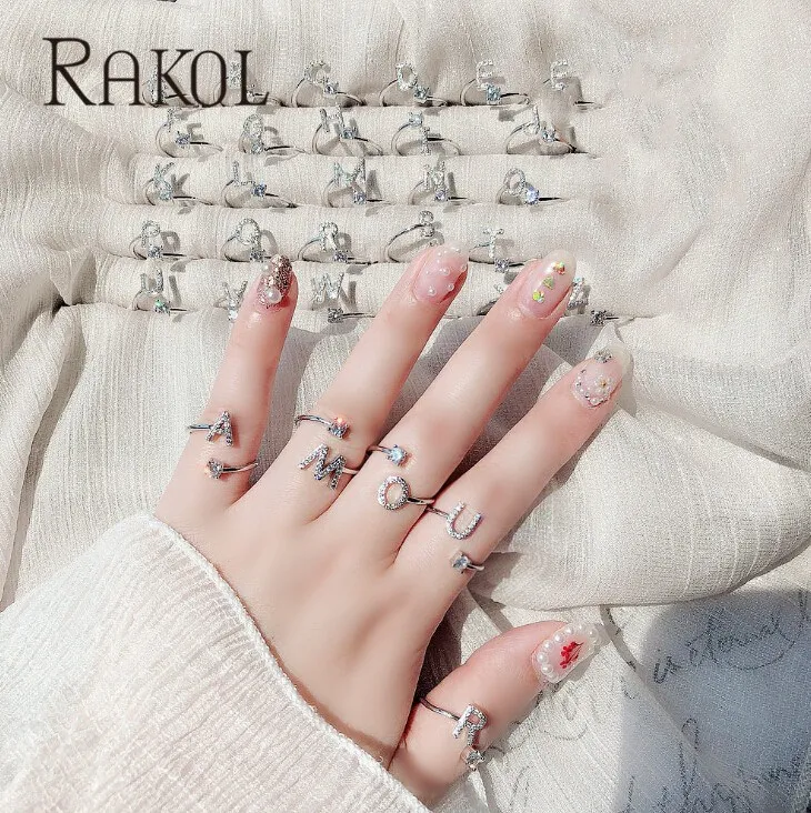 Женские кольца RAKOL белые с английскими буквами и кубическим цирконием вечерние