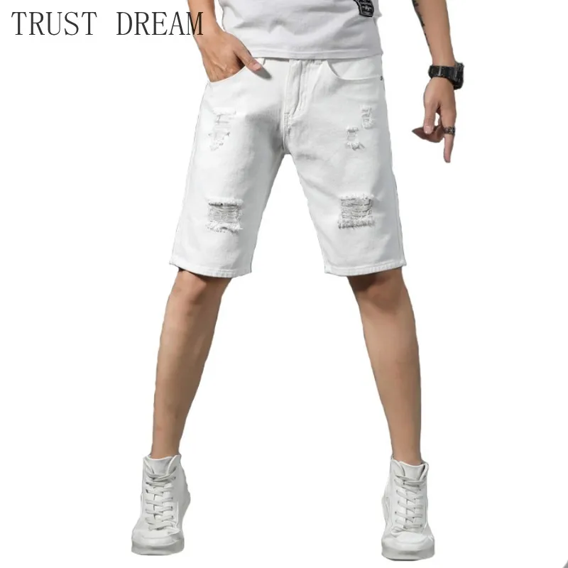 

2020 New Men Holes Shorts Slim Solid White Black Mens Ripped Denim Short Male Streetwear Hiphop Fashion Casual Summer Clothing