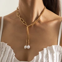 ingesight z punk asymmetric gold color link chain long necklaces imitation pearls baroque pendant necklaces for women jewelry