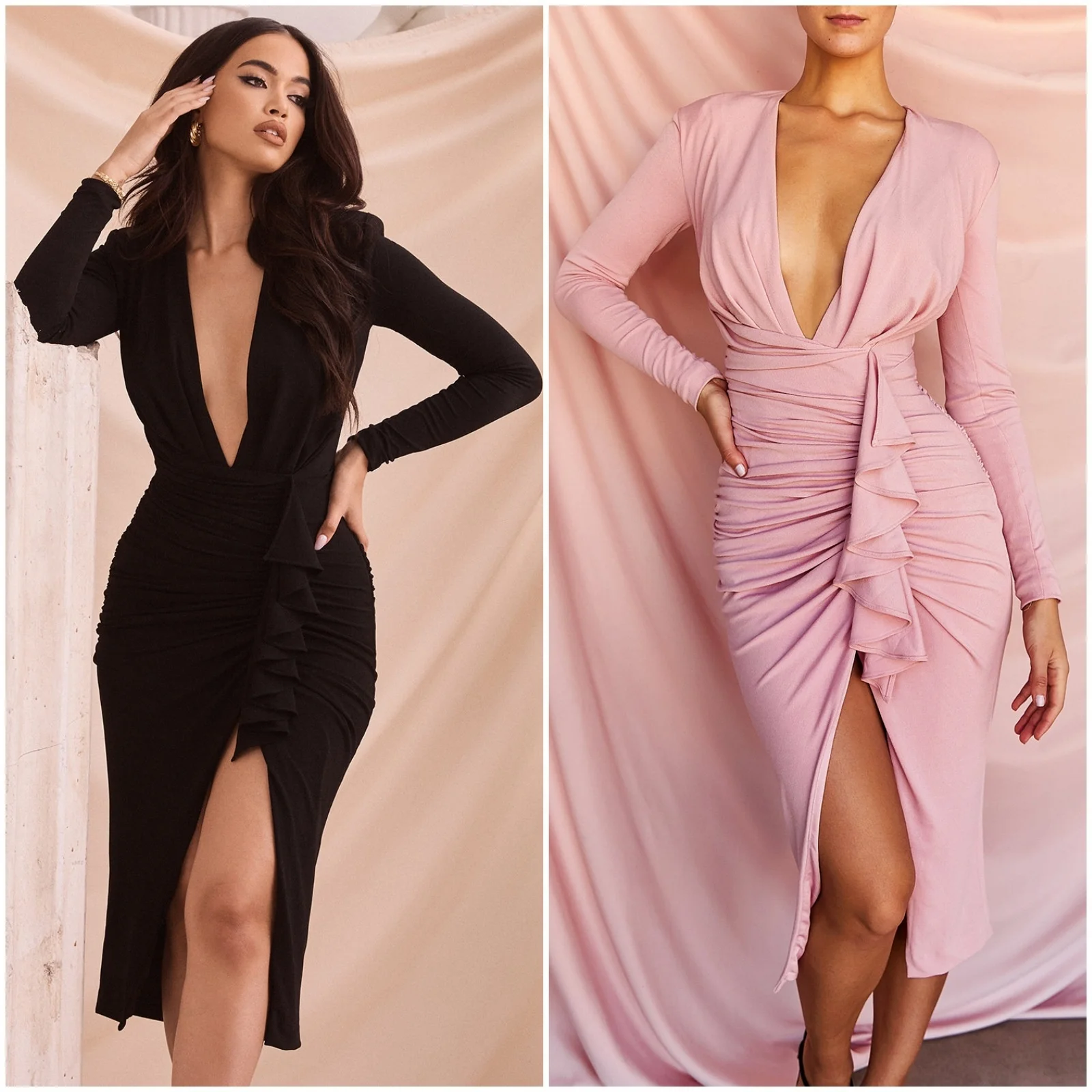 

Spring Sexy Women's Deep V-neck Solid Color Ruffle Long Sleeve Irregular Dress