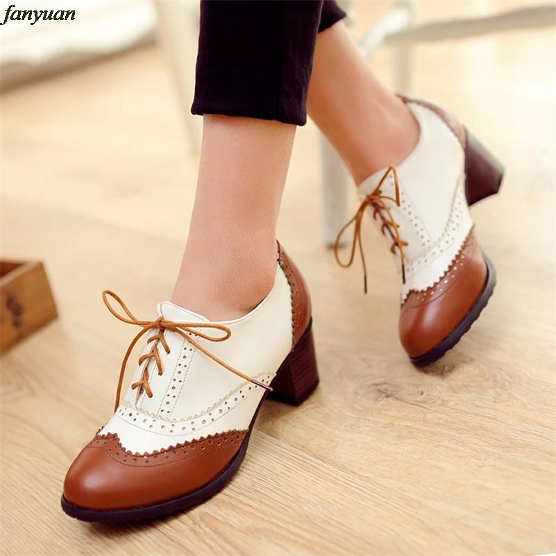 

Fanyuan British Women Oxfords High Square Block Heels Pumps Black Brown Patchwork Lace Up Casual Office Vintage Ladies Brogues