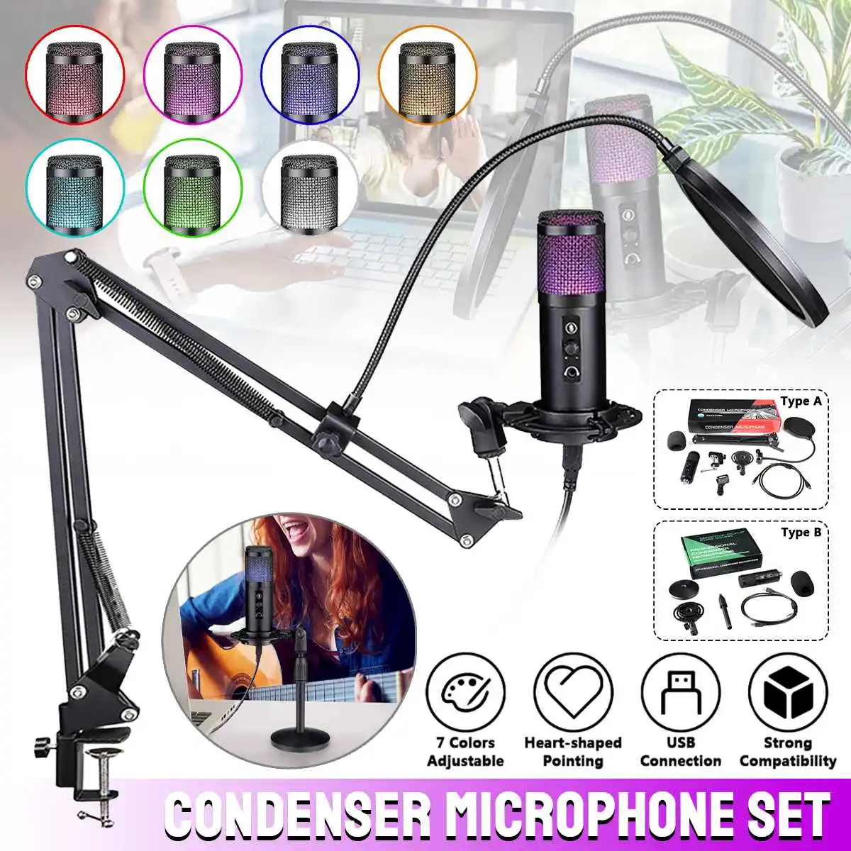 

USB RGB Light Condenser Microphone Stand Noise Reduction Mute Recording Mic Computer PC Live Streaming Gaming Video Conference