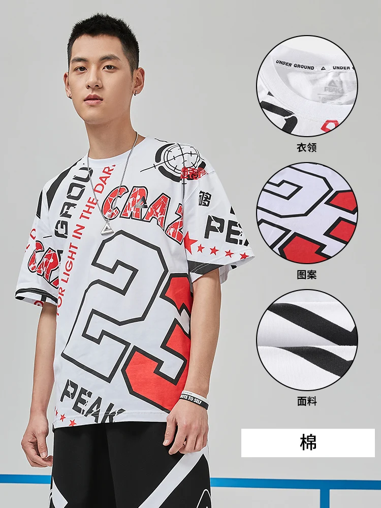 

Peak round neck short sleeve t-shirt men's 2021 summer new basketball culture sports leisure top printing trend