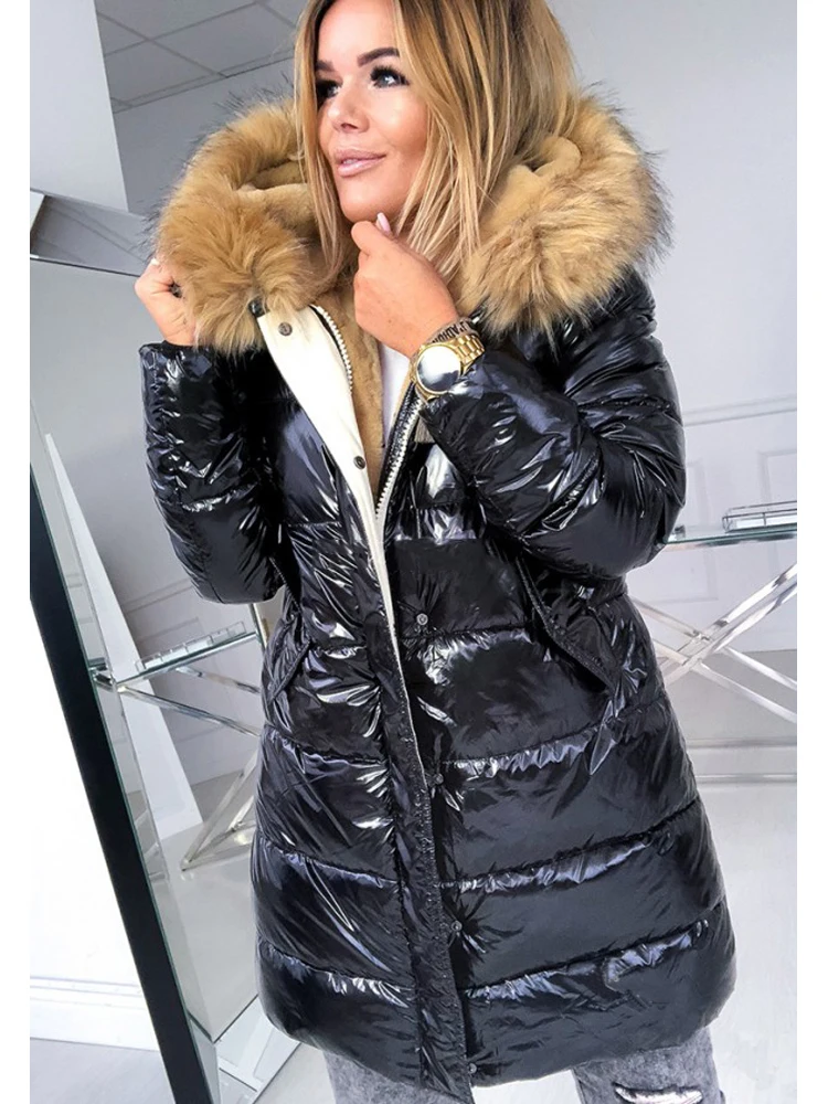 Winter Jacket Women Casuald Windbreaker Long Sleeve Outerwear Cotton Padded Quilted Coat Zip Up Puffer Jacket Hooded Fur Parka
