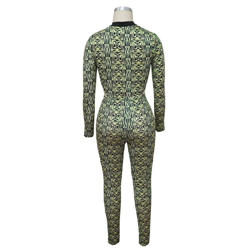 

Tracksuit Women Skinny Print Hollow Out Two Piece Set Full Sleeve Bodysuit And Pants Elastic High Streetwear 2021 Summer Outfit