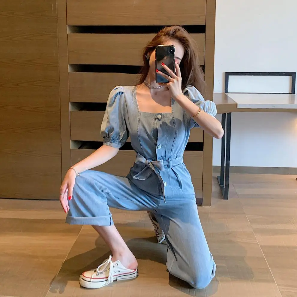 

Vintage Jumpsuit Women Square Collar Bandage Short Sleeve Female Overalls Wide-Leg Casual Buttons Denim Street Wear Jumpsuit