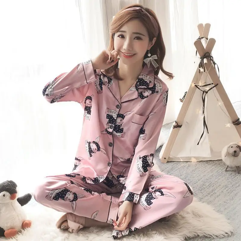 

2019 pajamas female silk thin section set long sleeve two sets of silk can be worn outside home service female spring and autumn