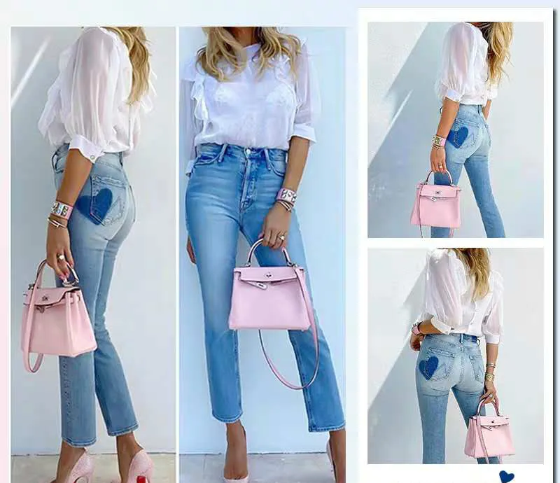 New High Ankle_length Pants Straight Ripped Love Cloth Sticking Fart Pocket Slim Light Blue Versatile Fashion Jeans Woman