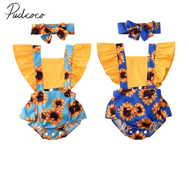 Детский летний комбинезон без рукавов с подсолнухом и повязкой на голову|Боди