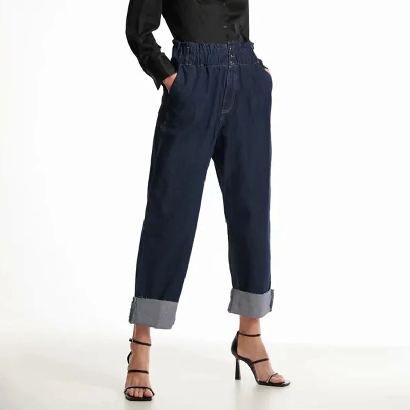 

Spring Autumn ZA Women Jeans 2021 Elastic Loose Classic Trousers All-Matched Casual Cotton Denim Harem Pants Plus Size