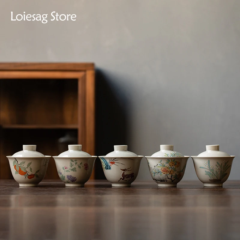 

Loiesag 120ml Retro Grass And Wood Ash Cover Bowl Single Cover Bowl Kung Fu Tea Set Hand Grasping Tea Maker Ceramic Tea Bowl