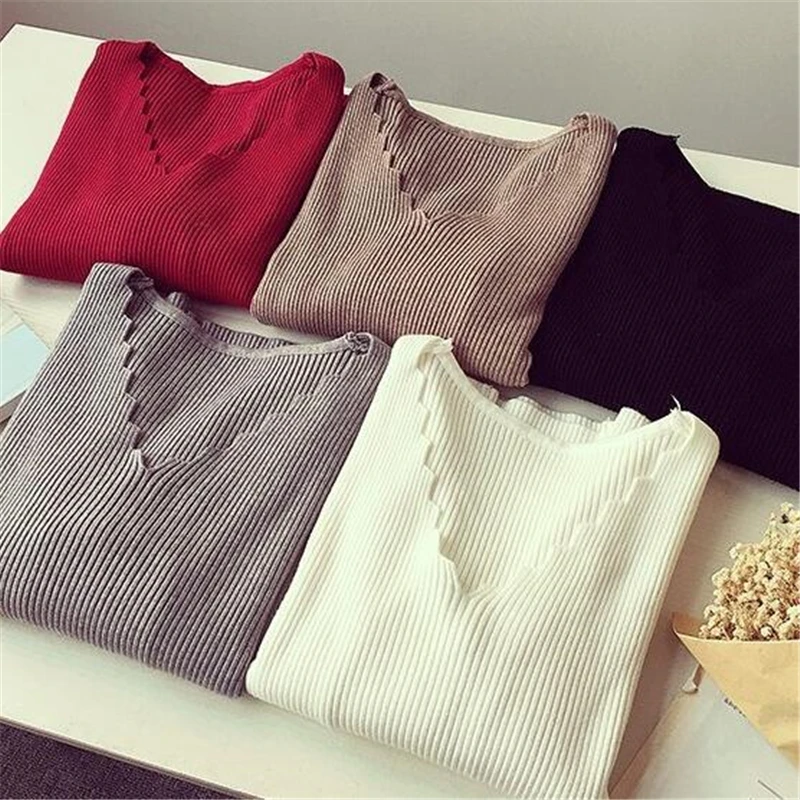 Black white Autumn Winter Sweater Women solid Knitted Pullovers long sleeve tops Wave Cut V-neck Basic office | Женская одежда