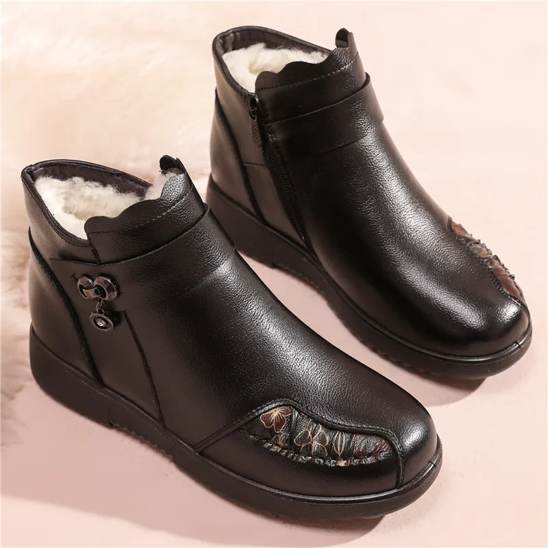 

Winter Women Mother Snow Boots Warm Soft Wool Lining Low Wedge Heel Split Leather Patchwork Hardwear Shoes Ladies Female New