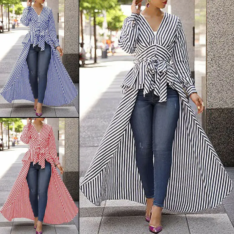 S\M\L\XL Women's Fashion Long Sleeve Irregular V-Neck Shirt Leisure Blouse High Low Tunic stripe Tops Dress | Женская одежда