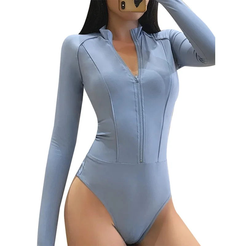 

Long sleeve Bodysuits women's solid color chest showing Sexy Stretch slim zipper Bodysuits leisure fitness running Bodysuits