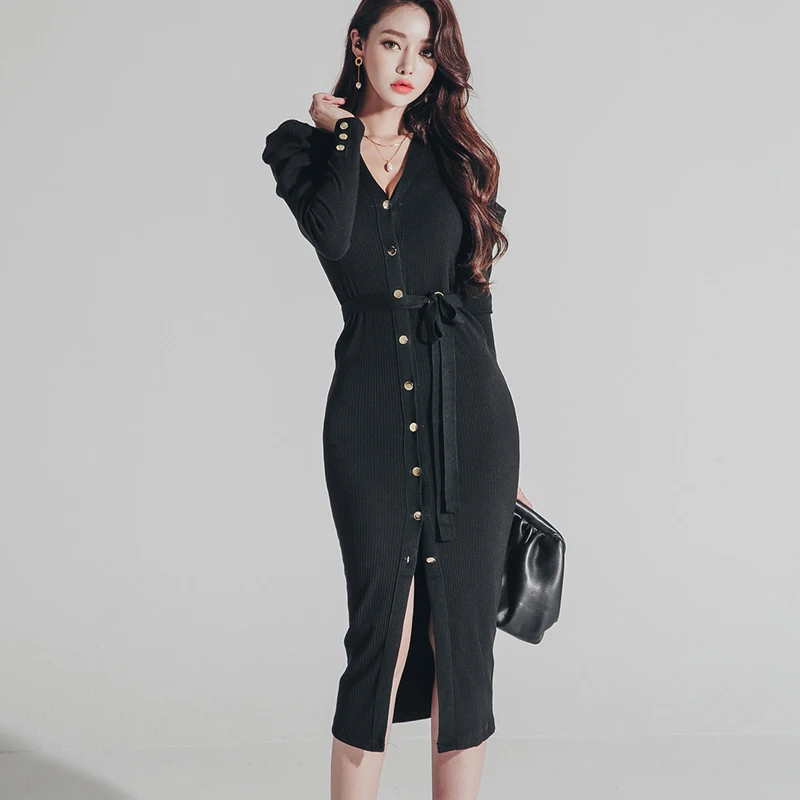 

Single-breasted Sheath Knitted Bodycon Dress Women Sexy V-neck Pencil Dresses Puff Sleeve Lace-up Bottoming Vestidos