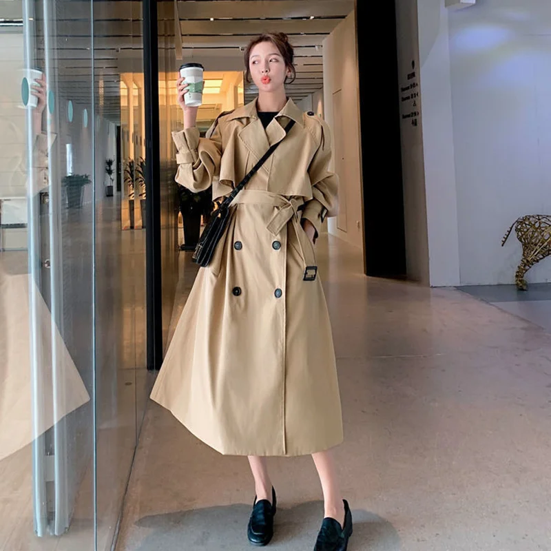 

2022 Spring Long Trench Coat Women Double Breasted Casual Duster Coat Female Fashion Windbreaker Autumn Loose Outwear