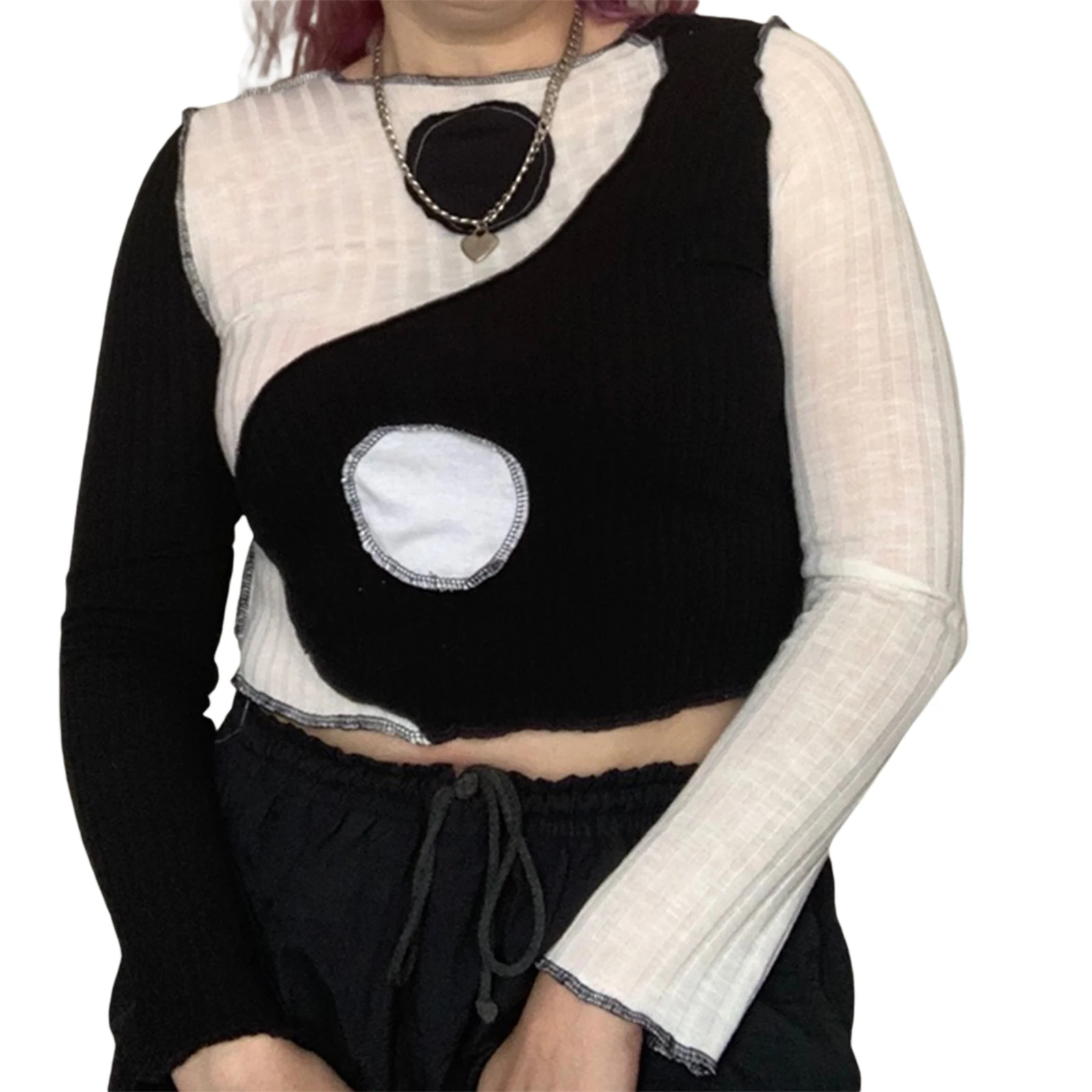 

Women Color Block T-shirt, Adults Tai Chi Diagram Round Neck Long Sleeve Crop Tops