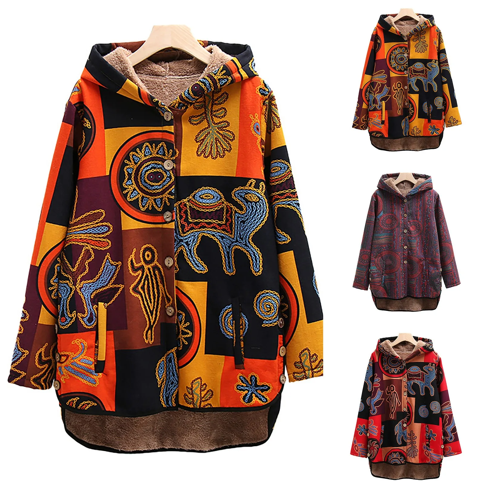

Women Fashion Ethnic Printing Splicing Zipper Hooded Cardigan Long Sleeve Plush Winter Thicken Warm Sweatshirts Coat Outerwear