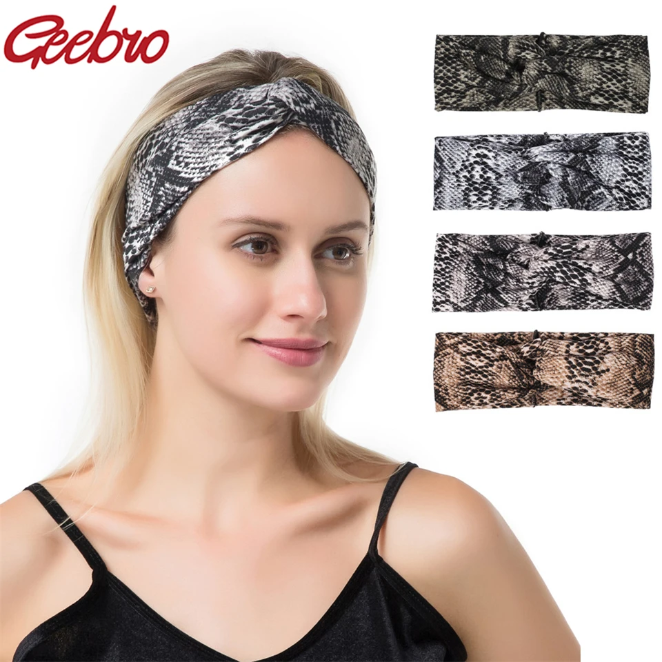 

Geebro New Women's 4-color animal snake Print headband cross hairband Cotton Fashion Headbands For Girls Hair Band Elastic