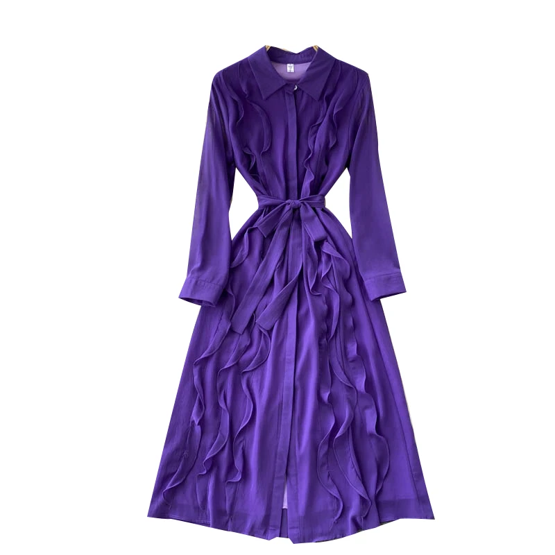 

New Spring Autumn Women Turn-down Collar Long Sleeve Sashes Slim Long Dress High Quality Sweet Ruffles Purple Chiffon Dress