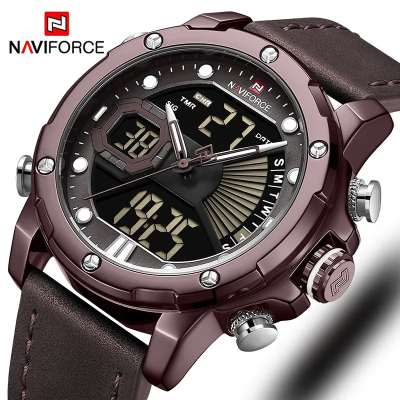 Brown Brown Brown Naviforce аналоговые цифровые часы мужские мужские часы светодиодные цифровые мужские часы спортивные 30 м водонепроницаемые Модные наручные часы Мужские часы - Цвет: Brown Brown Brown