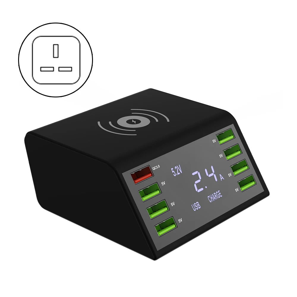 Великобритания 8 портов Быстрая зарядка USB зарядное устройство QC 3,0 умный адаптер питания станция ЖК-дисплей+ беспроводная Быстрая зарядка Eu/US/Au/UK вилка - Тип штекера: Великобритания