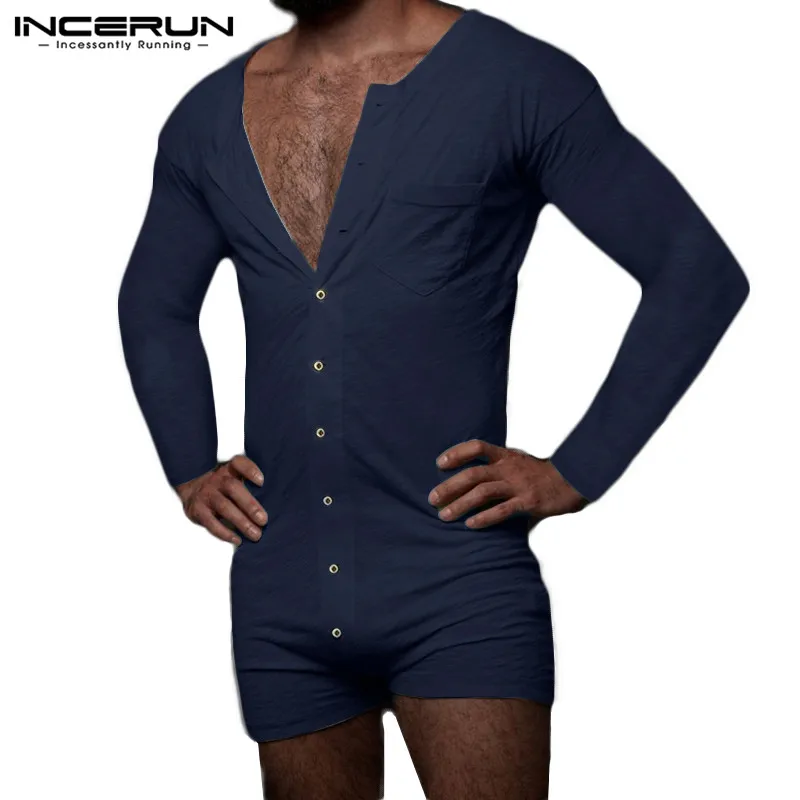 Man Fashion Buttons Shorts Jumpsuit Homewear INCERUN Mens Leisure Pajamas Onesies Long Sleeve O Neck Solid Rompers Sleepwear 5XL