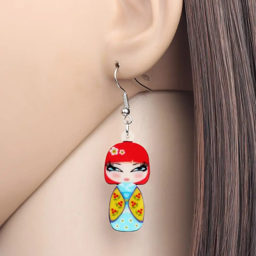 WEVENI Acrylic Red Hair Japanese Kimono Girl Doll Earrings Drop Dangle Jewelry For Women Girls Teens Kid Charms Decorations Gift | Украшения