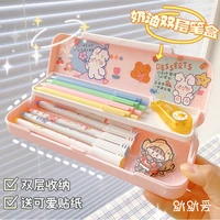 pencil case for student 2 layers diy stickers cute organizer stationery case girls ins fashion large capacity folding pen case