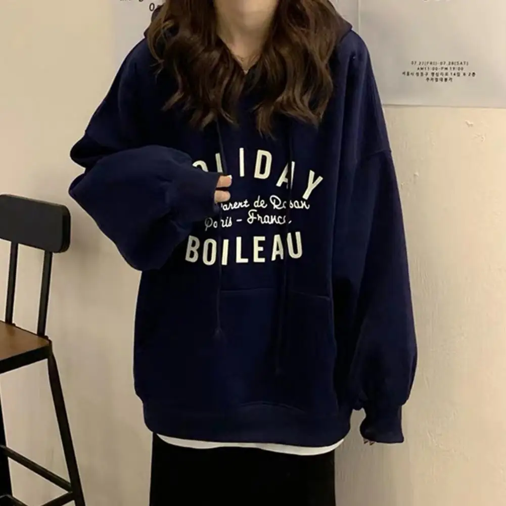 Women Hoodies Autumn Winter Long Sleeve Letters Print Pocket Loose Hoodie Sweatshirt Blouse Ladies Soft Warm Oversize Pullovers