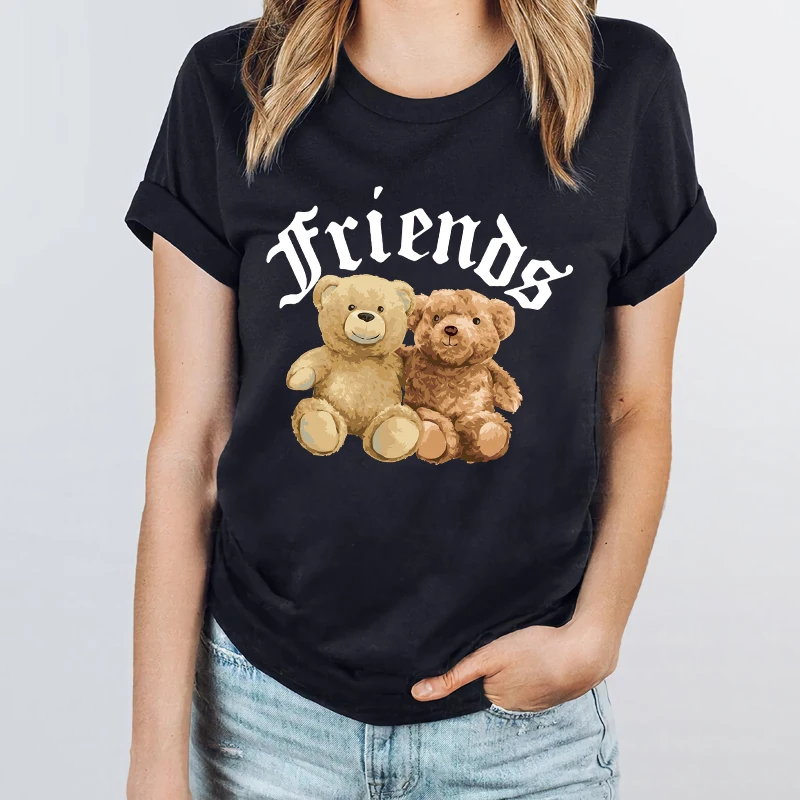 

100% Cotton Friend Teddy Bear Print Short-Sleeve T-Shirt Female Round Collar Pullover Casual Oversized Men Women Clothes S-4XL