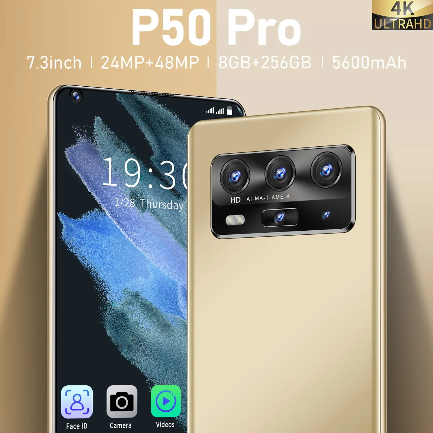 

P50 Pro, 1440*3200, Android 10, 7,3 , Mtk6889, , 8 + 256 , 5600 , Face Id, Duplo Sim, 24 + 48