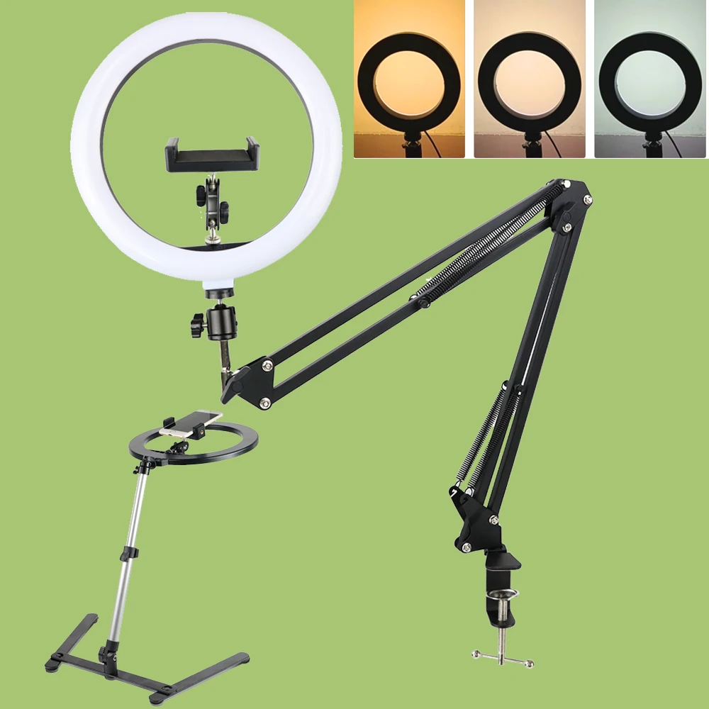 

26cm 16cm LED Selfie Ring Light Photography Lighting Ringlight With Desk Long Arm Phone Holder For Youtube Live COOK Vlog Lamp