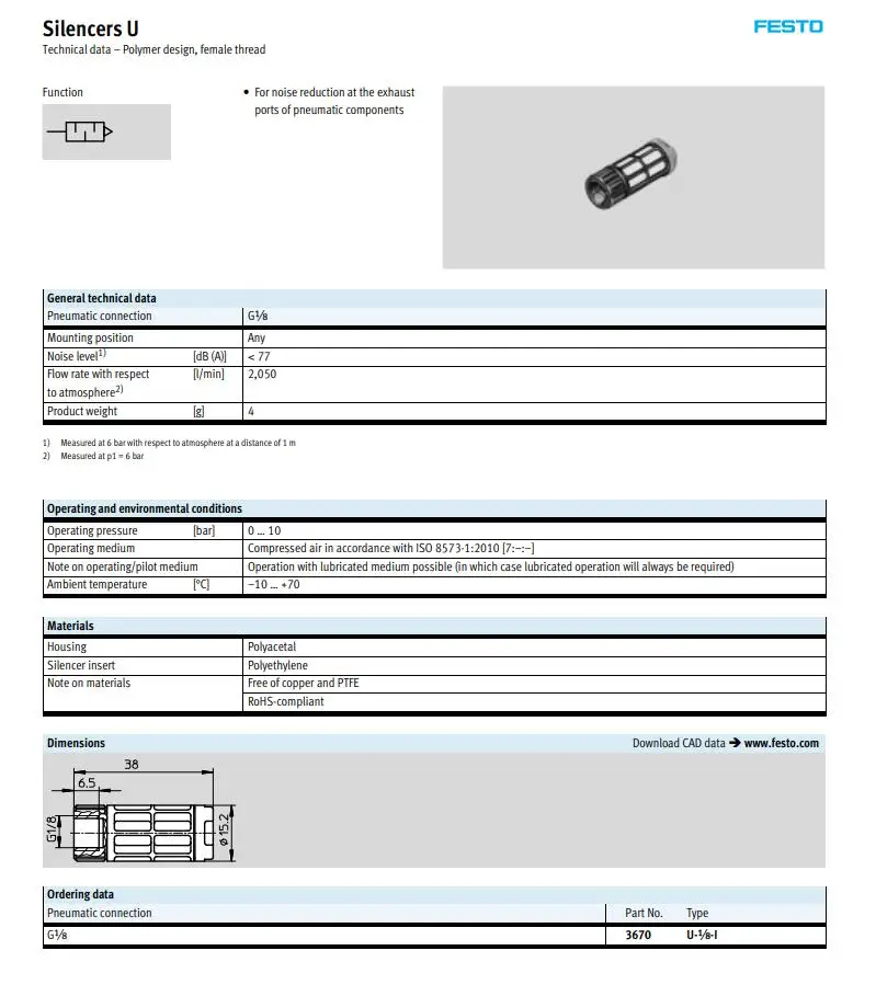 U-1/4 U-3/8 2309 FESTO глушители u-полимерный дизайн, наружная резьба Пневматические компоненты пневматические инструменты глушитель