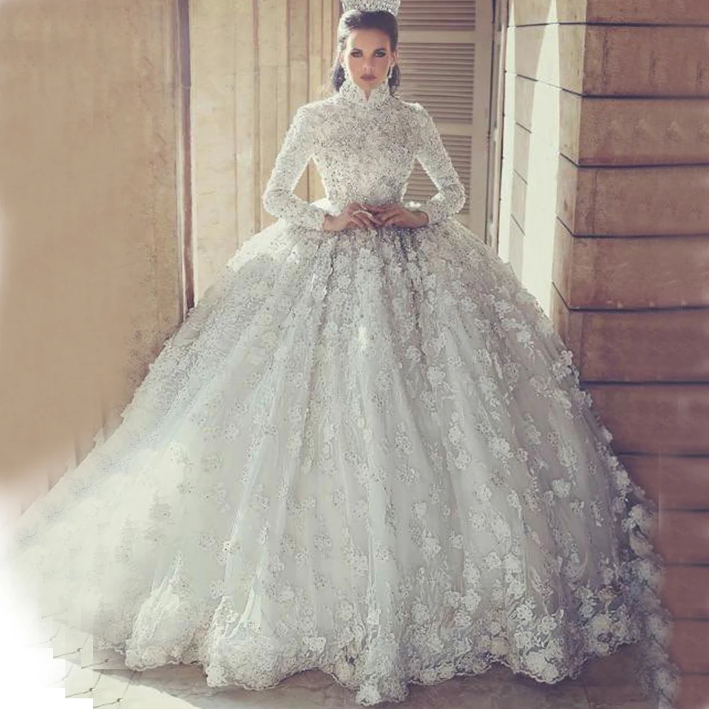 

Luxury Tulle Applique Lace Beading Crystal Handmade Flower Wedding Dresses High Neck Ball Gown Bridal Gowns vestidos de fiesta