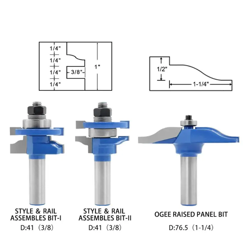 

3pcs/set Tongue Groove Router Bits Large Apartment Board Cabinet Door Woodwork