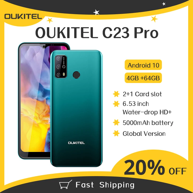 

OUKITEL C23 Pro 4GB 64GB 6.53'' 4G LTE 720*1600 13MP MT6762V Smartphone Android 10 5000mAh OTG 5V/2A Mobile Phone