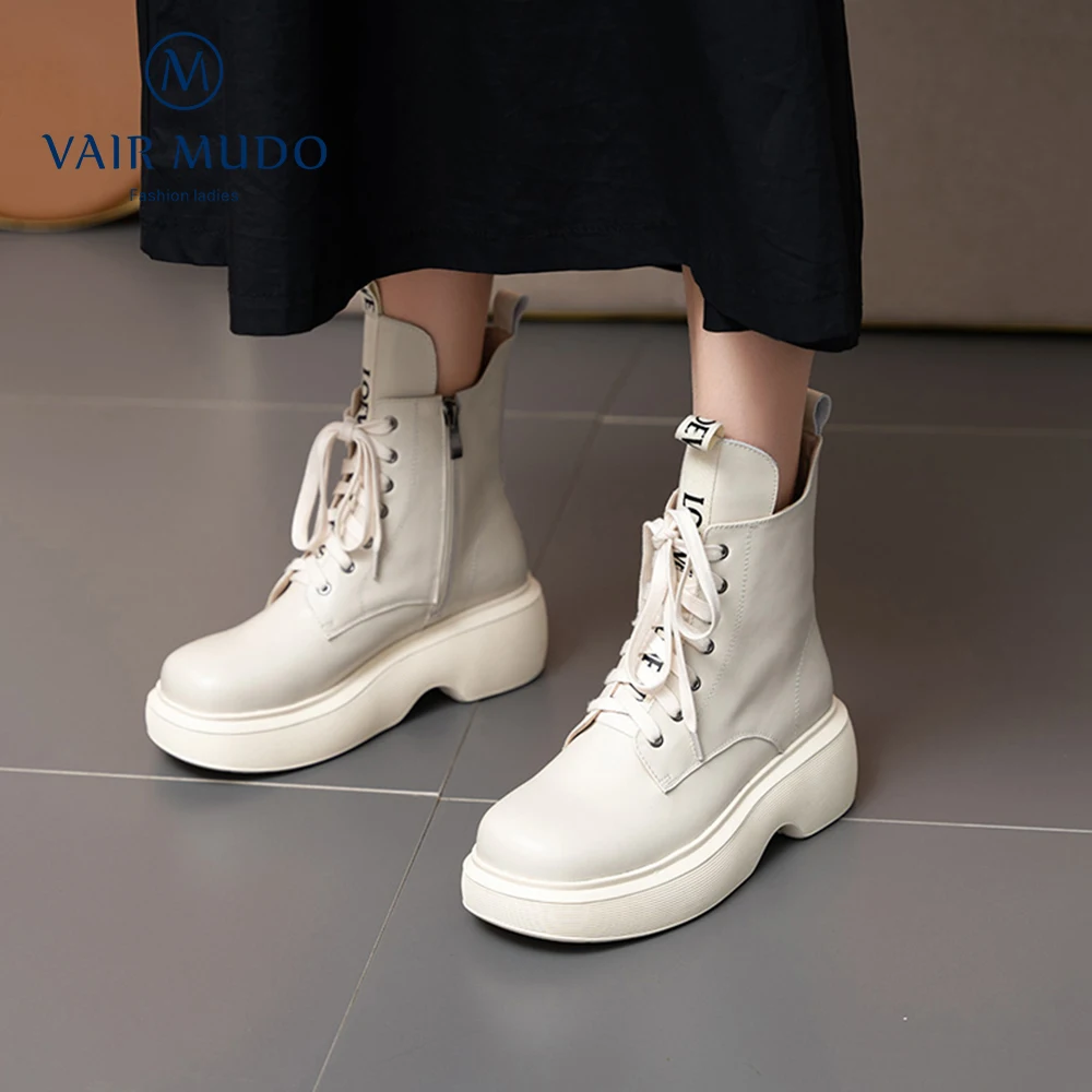 Murah VAIR MUDO Sepatu Bot Pergelangan Kaki Musim Semi Musim Gugur Wanita Kulit Asli Diikat Silang Ujung Jari Bundar Berenda Elegan Mode Putih Hitam WM-X62