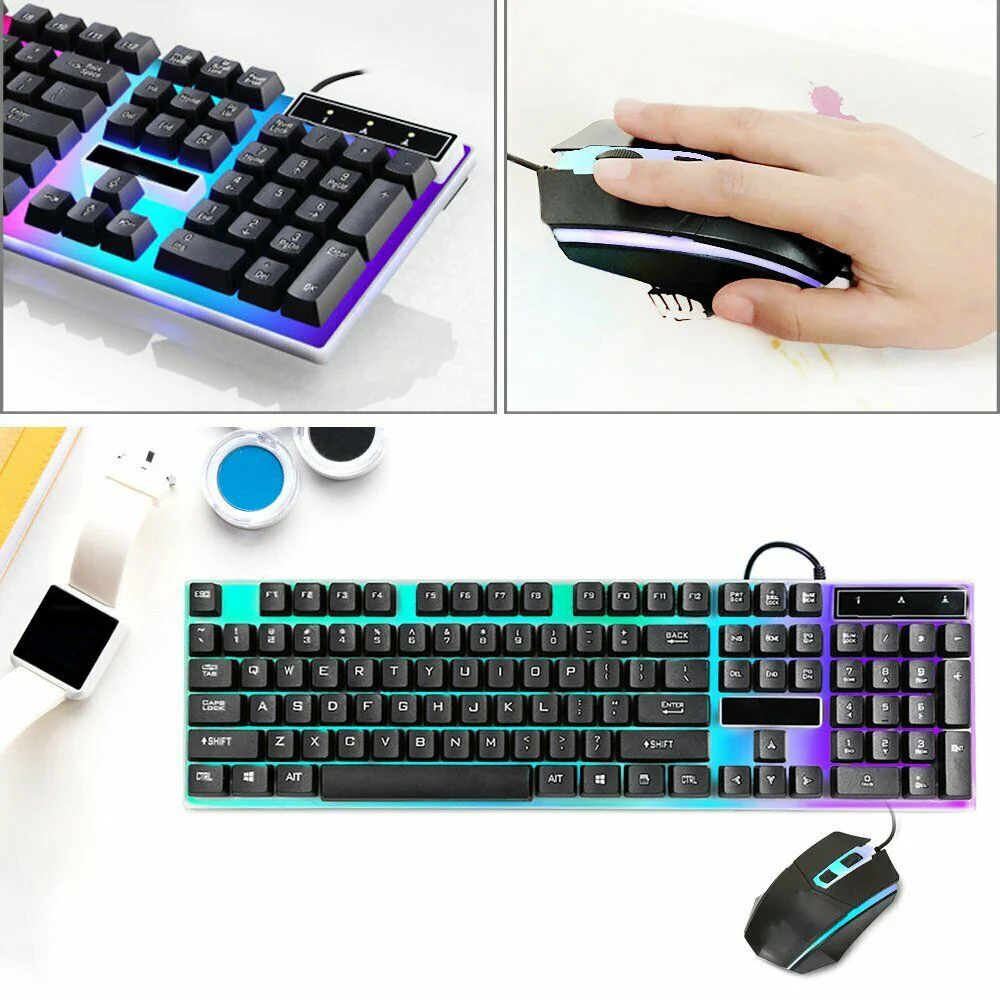 

About The New Gaming Keyboard And Mouse Set For PC Laptop Desktops LED Wired Gaming Keyboard And Mouse Set Colorful Keyboard