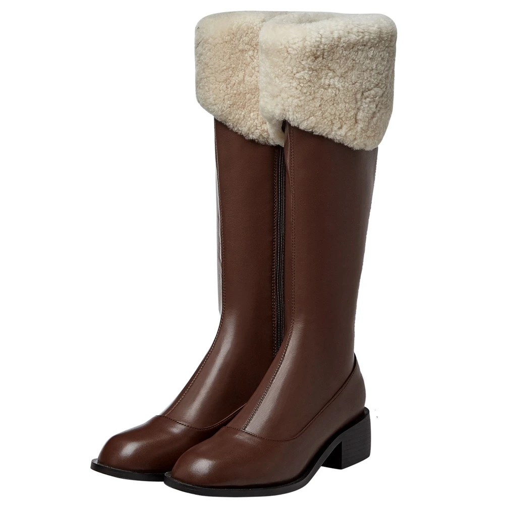 

BONJOMARISA Genuine Leather Female Mid Calf Boots Low Heel Round Toe Snowboots Women Stylish Zipper Casual Shoes Woman