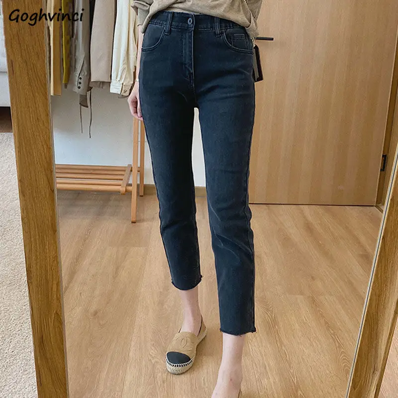 

Oversize Women Jeans Spring Chic All-match Straight Ankle-length High Waist Pockets Slim Casual Party Solid Simple Korean Style