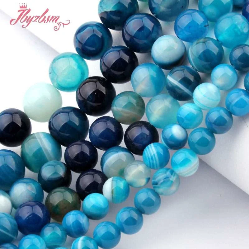 6 8 10 12 мм Гладкий Круглый бисер в полоску синий Агаты натуральный камень бусины
