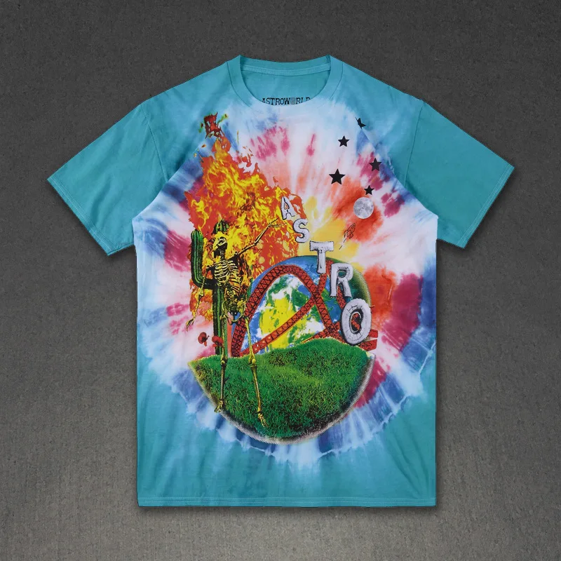 С изображением Трэвиса Скотта Astroworld Festival Run Tie футболка цветная T Мужская и женская 1:1 лучшее качество ASTROWORLD с изображением Трэвиса Скотта футболки