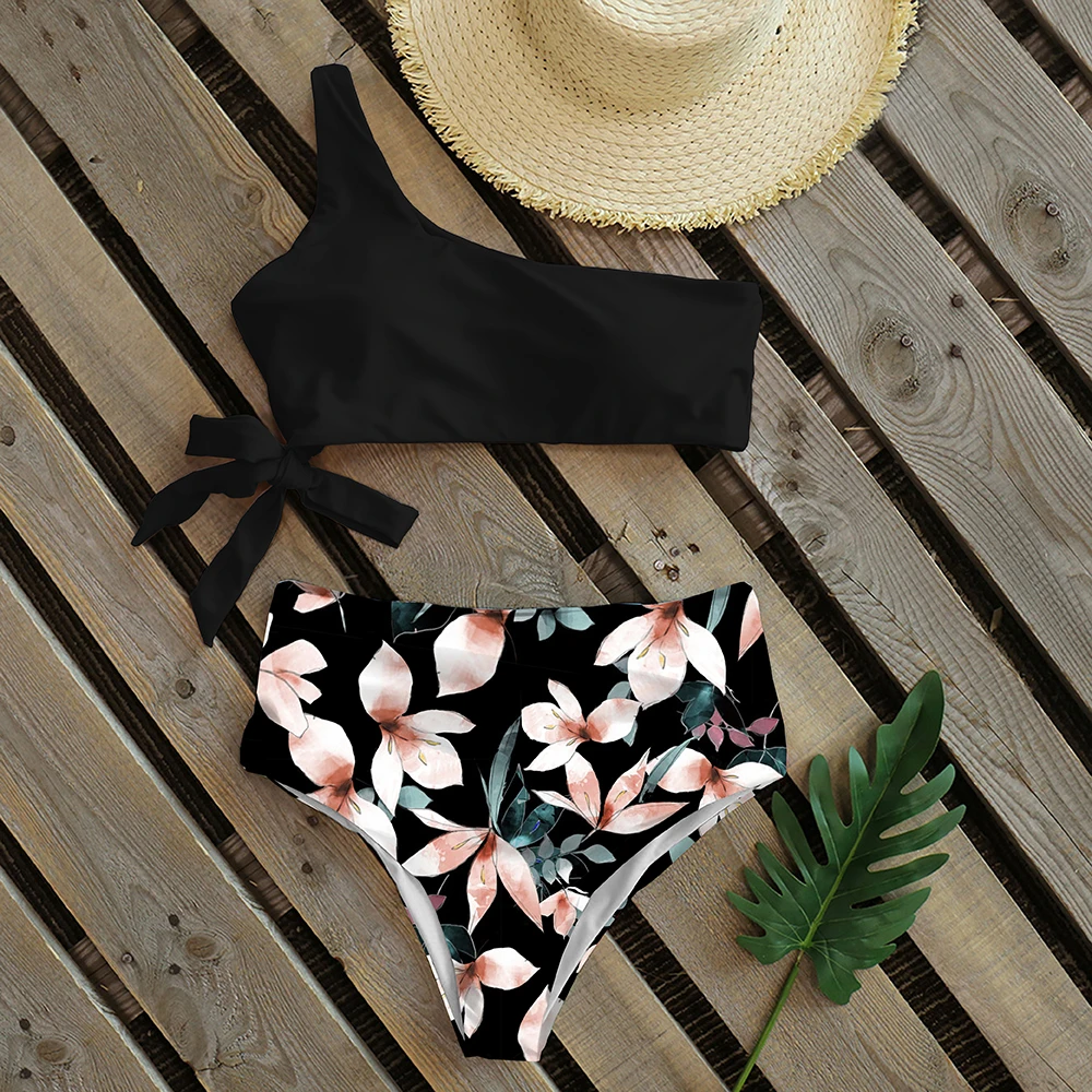 

Sexy Bikinis Women 2021 New One Shoulder Swimwear High Waist Swimsuit Bandage Bathing Suits Beach Wear Biquini Female