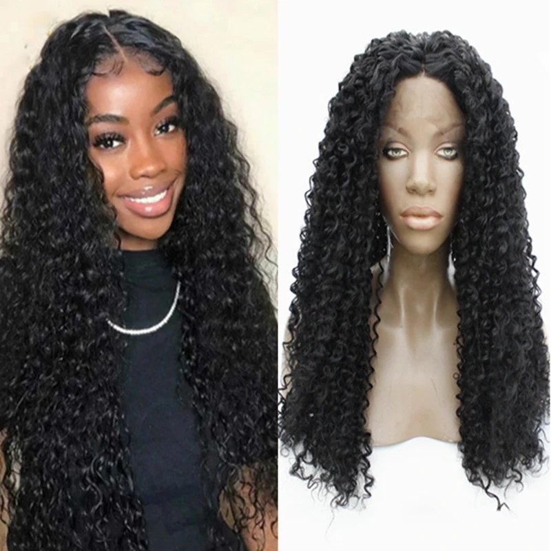 

Black Color Synthetic Hair Lace Front Wigs with Natural Hairline Deep Curly Glueless Lace Wigs with Pre Plucked For Black Women