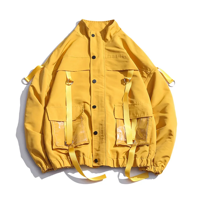 

Streetwear Hip Hop Military Jacket Men Spring Solid Bomber Jacket Coat Men 2021 Ribbons Windbreaker Casual Workout Coat